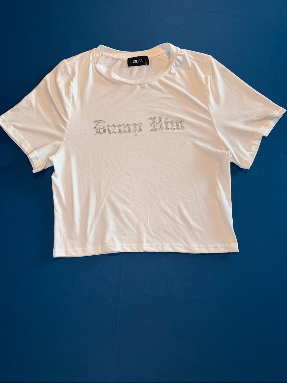 Cider White Cropped Tee with Rhinestone Gothic Logo